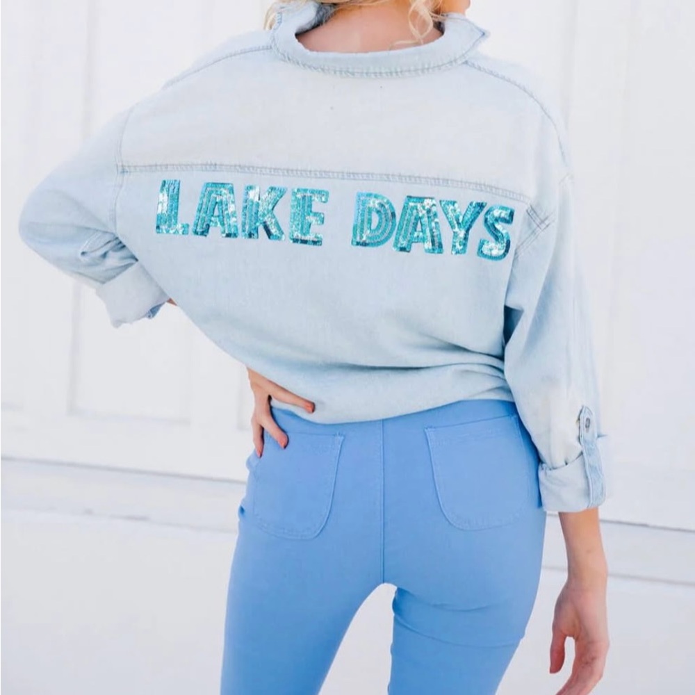 Light Blue Denim button down shirt with Teal 'Lake Days'